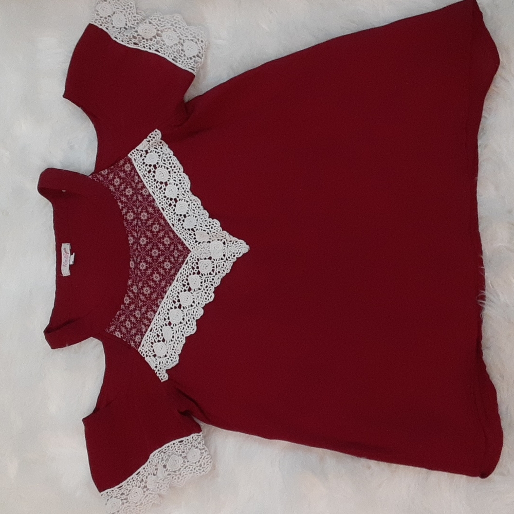 red and white lacy shirt